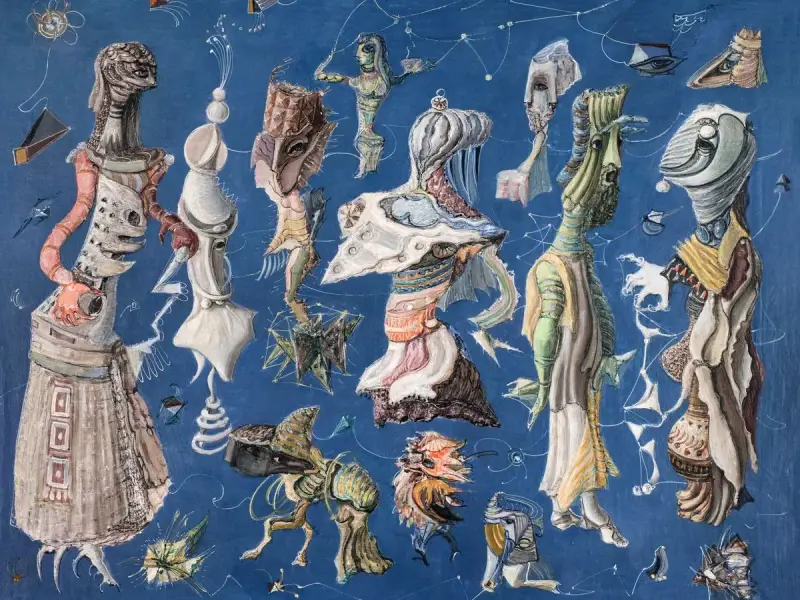 Un tableau aux créatures étranges et oniriques, évoquant le surréalisme. Des formes organiques et mécaniques se mêlent sur fond bleu.
