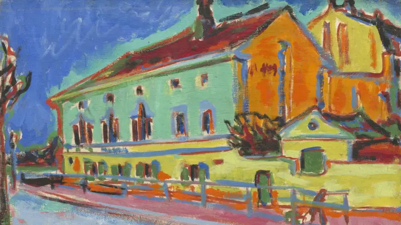 Une maison aux couleurs vives, typique de l'expressionnisme allemand, avec un ciel bleu intense et des touches de rouge, jaune et vert.
